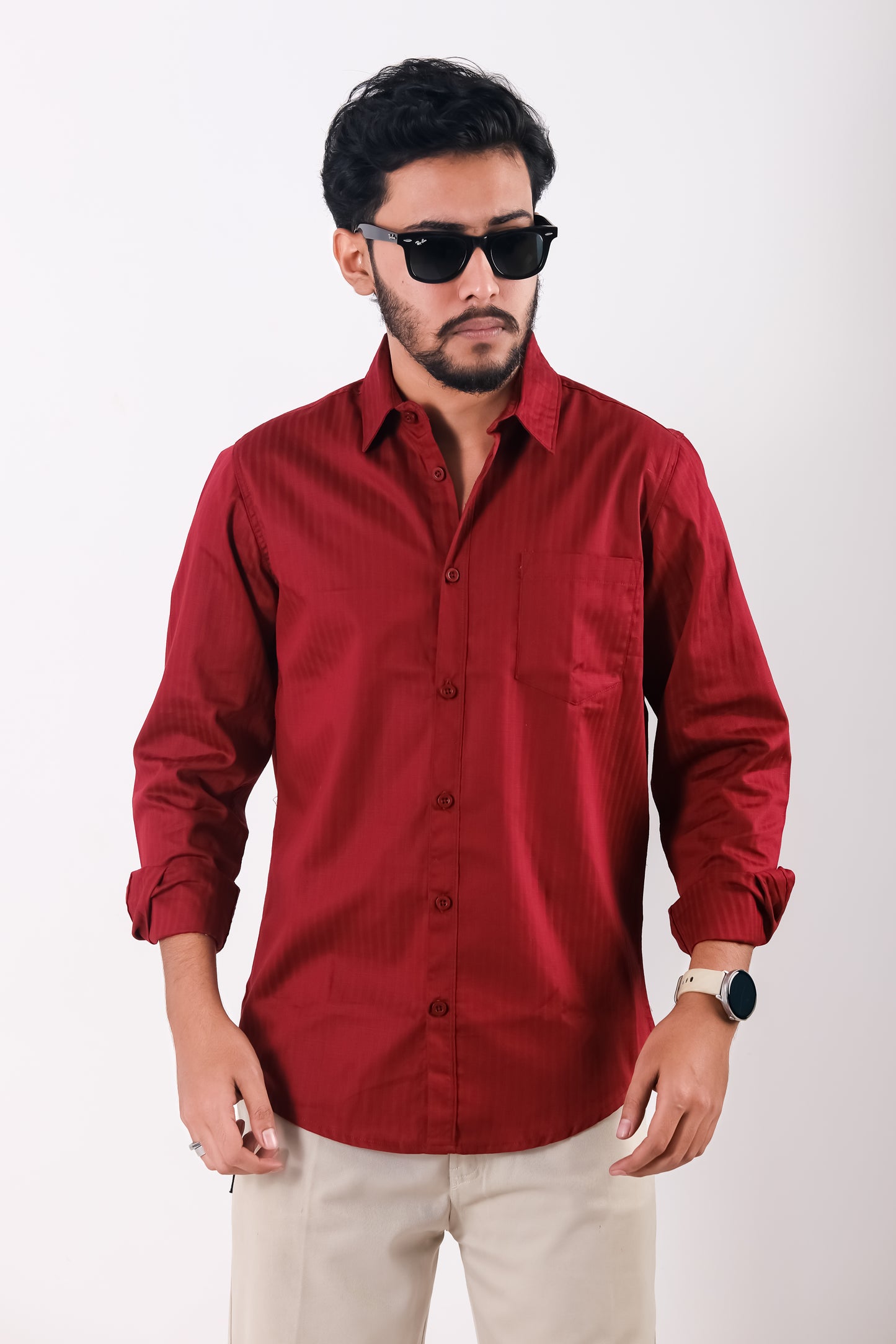 Fine Cotton Long Sleeve Shirt - Red Maroon