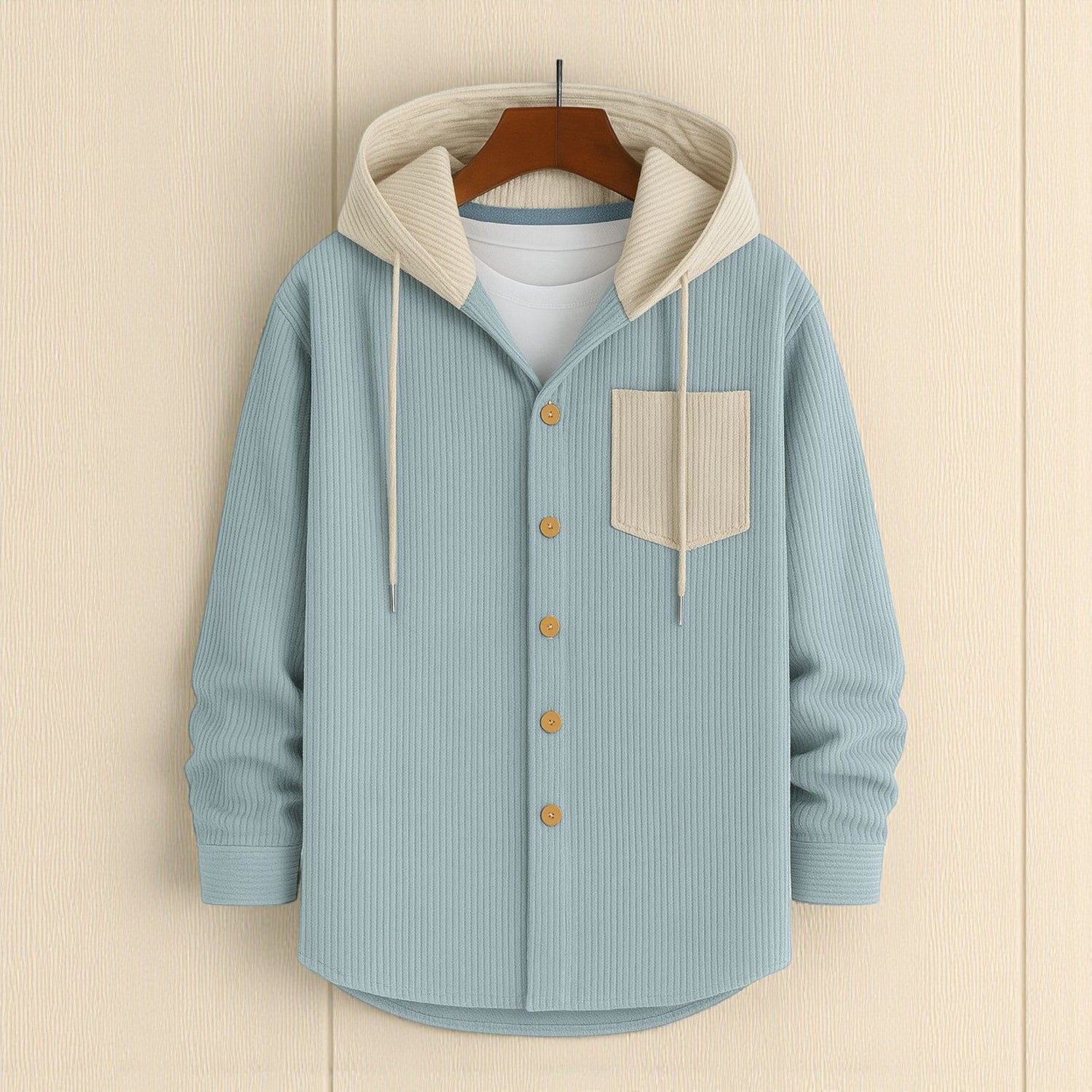 Men's Long Sleeved Contrast Corduroy Hooded Shirt