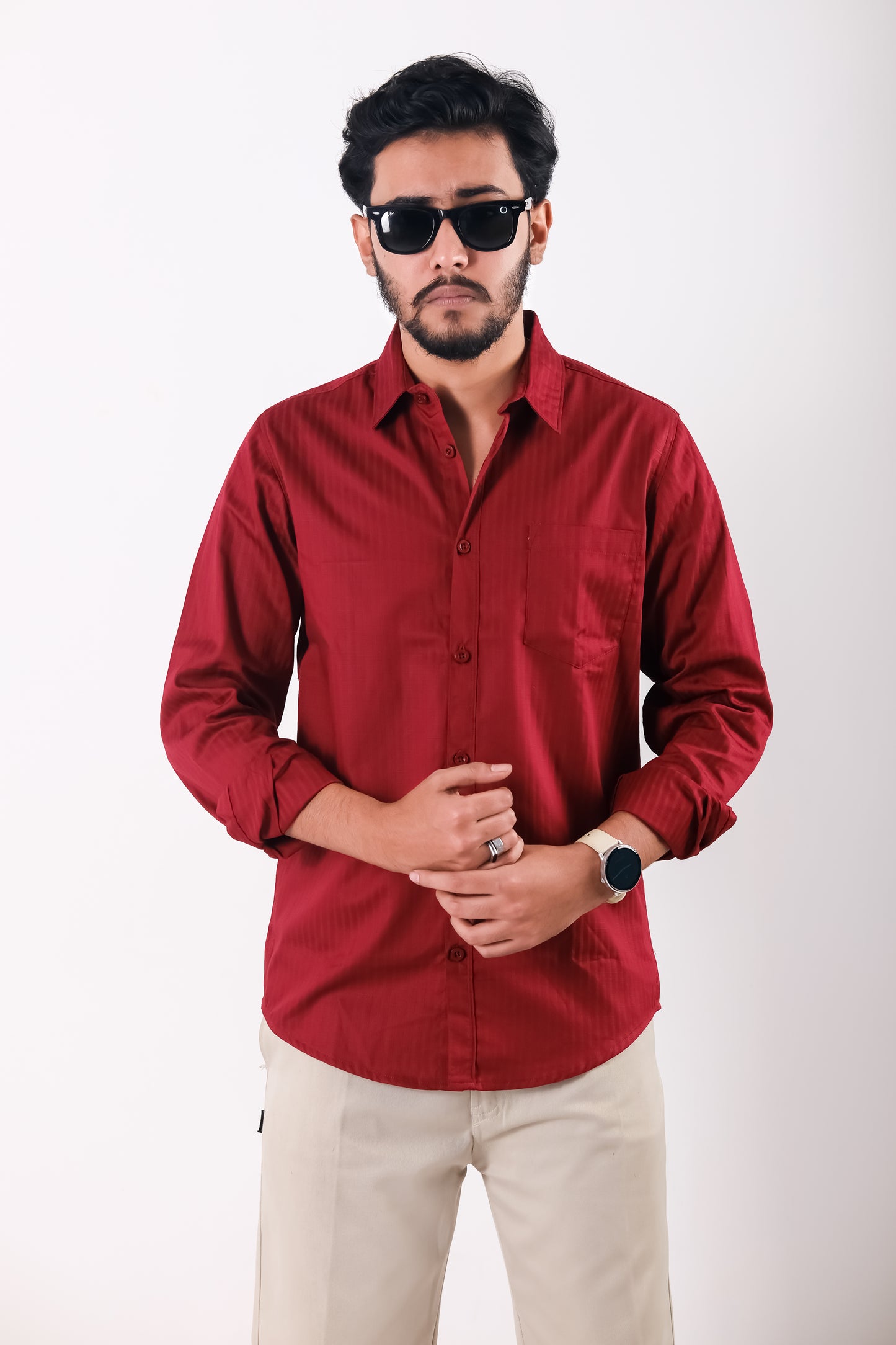 Fine Cotton Long Sleeve Shirt - Red Maroon