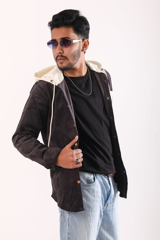 Men's Jackets Corduroy Hooded Shirt - Black