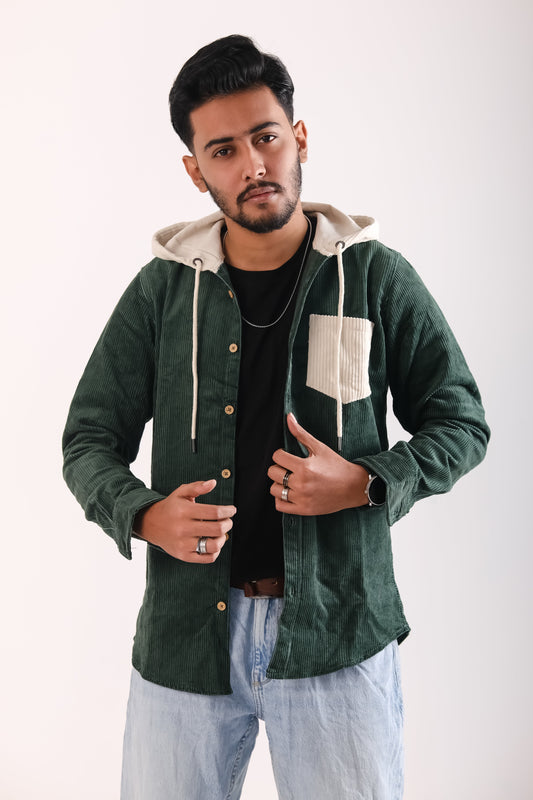 Men's Jackets Corduroy Hooded Shirt - Bottle Green