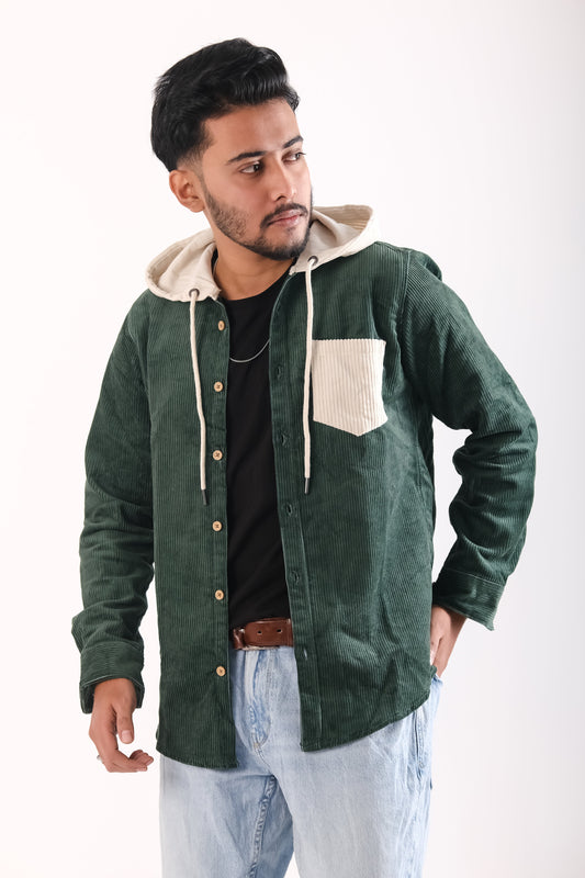 Men's Jackets Corduroy Hooded Shirt - Bottle Green